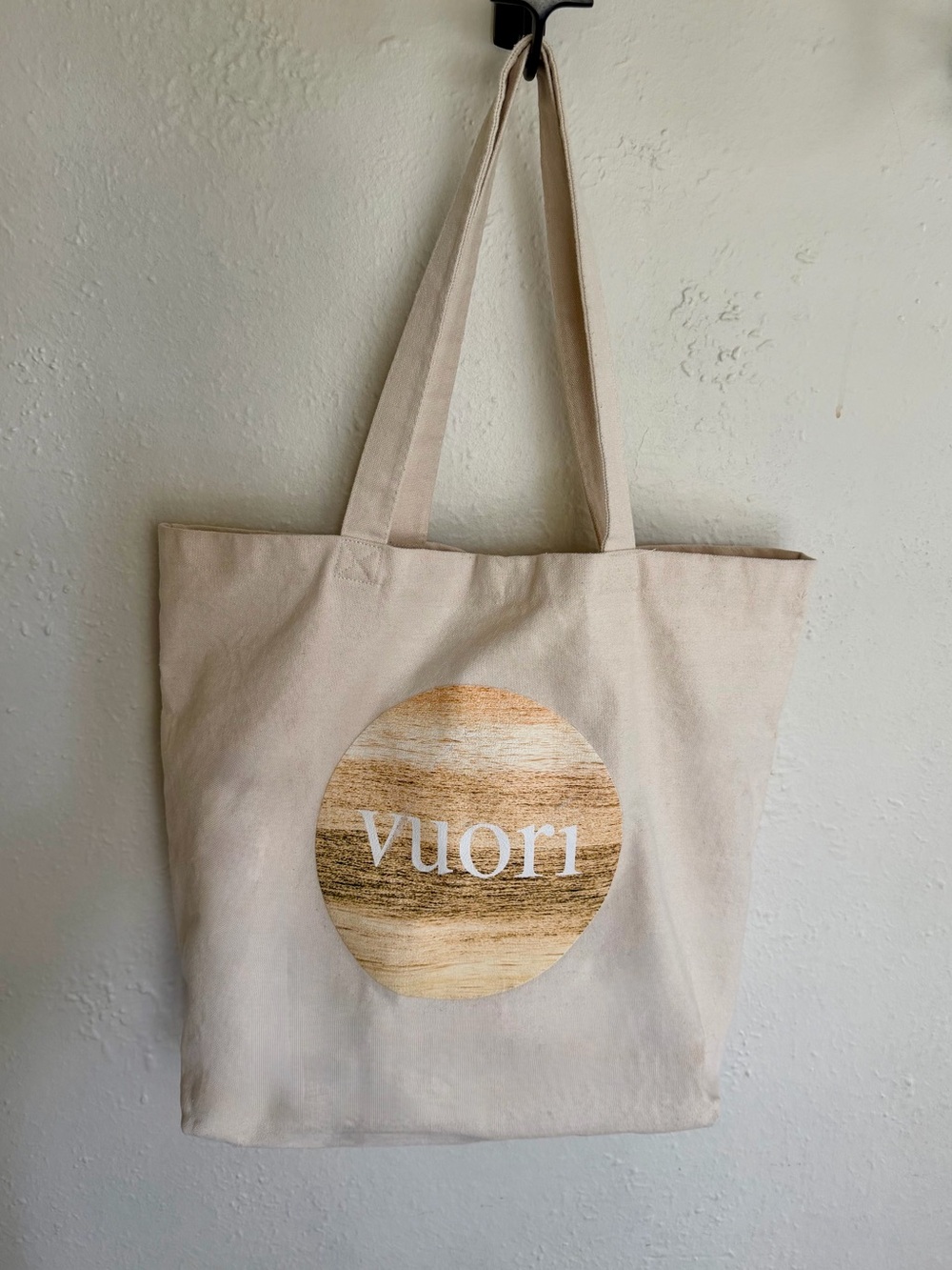 Vuori Natural Cream Canvas Tote with Wood-Grain Logo
